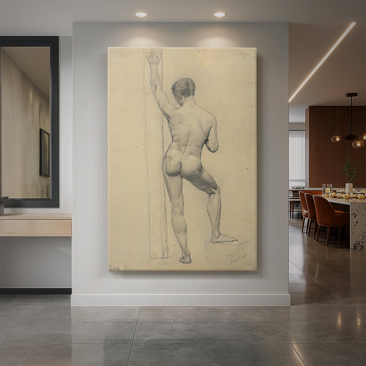 Canvas art print of a figure study of a male nude seen from the back with soft shading displayed as a statement piece in a spacious interior.