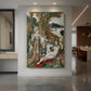 Canvas art print of a symbolic scene of figures with unicorns in a lush detailed landscape displayed as a statement piece in a spacious interior.