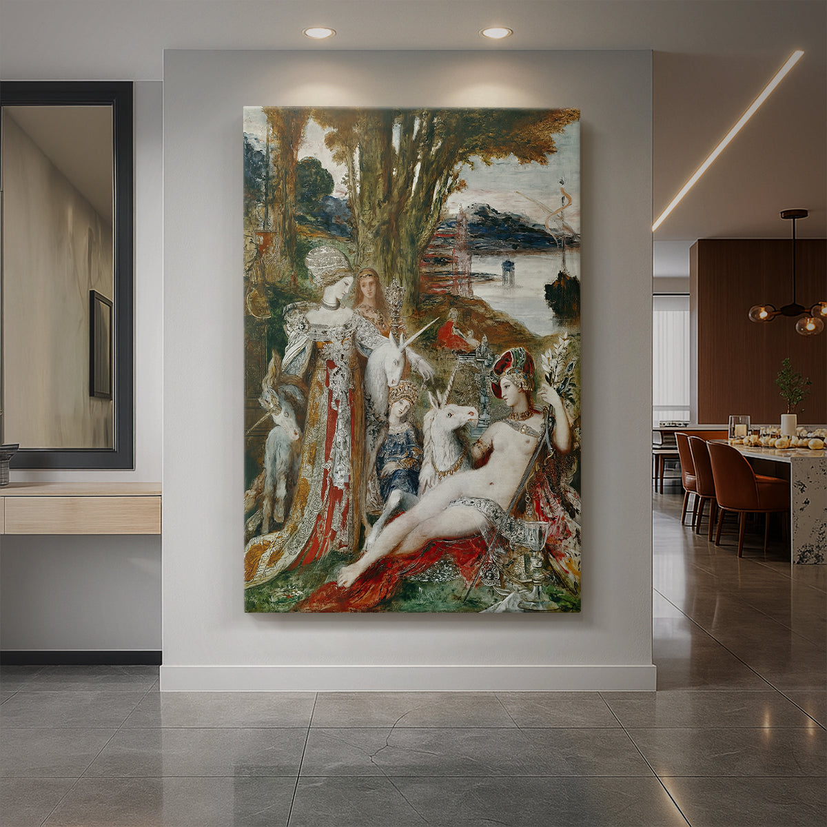 Canvas art print of a symbolic scene of figures with unicorns in a lush detailed landscape displayed as a statement piece in a spacious interior.