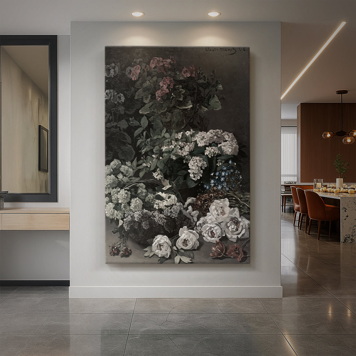 Canvas art print of an impressionist study of spring flowers with light pastel tones displayed as a statement piece in a spacious interior.