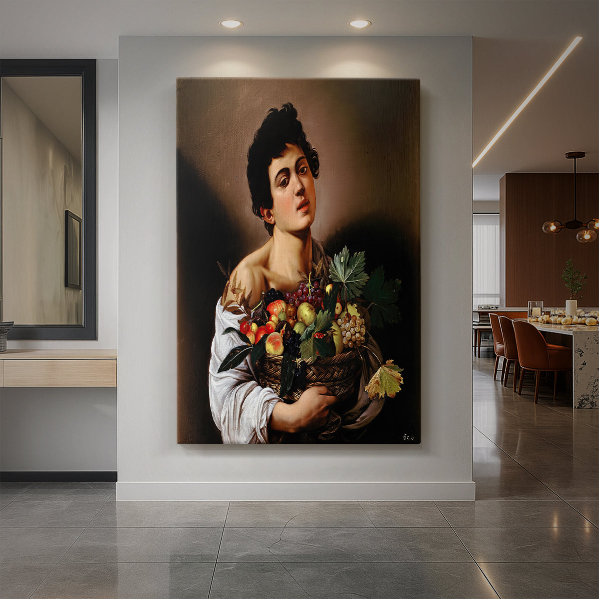 Canvas art print of a Baroque portrait of a boy holding a basket of fruit in soft light displayed as a statement piece in a spacious interior.