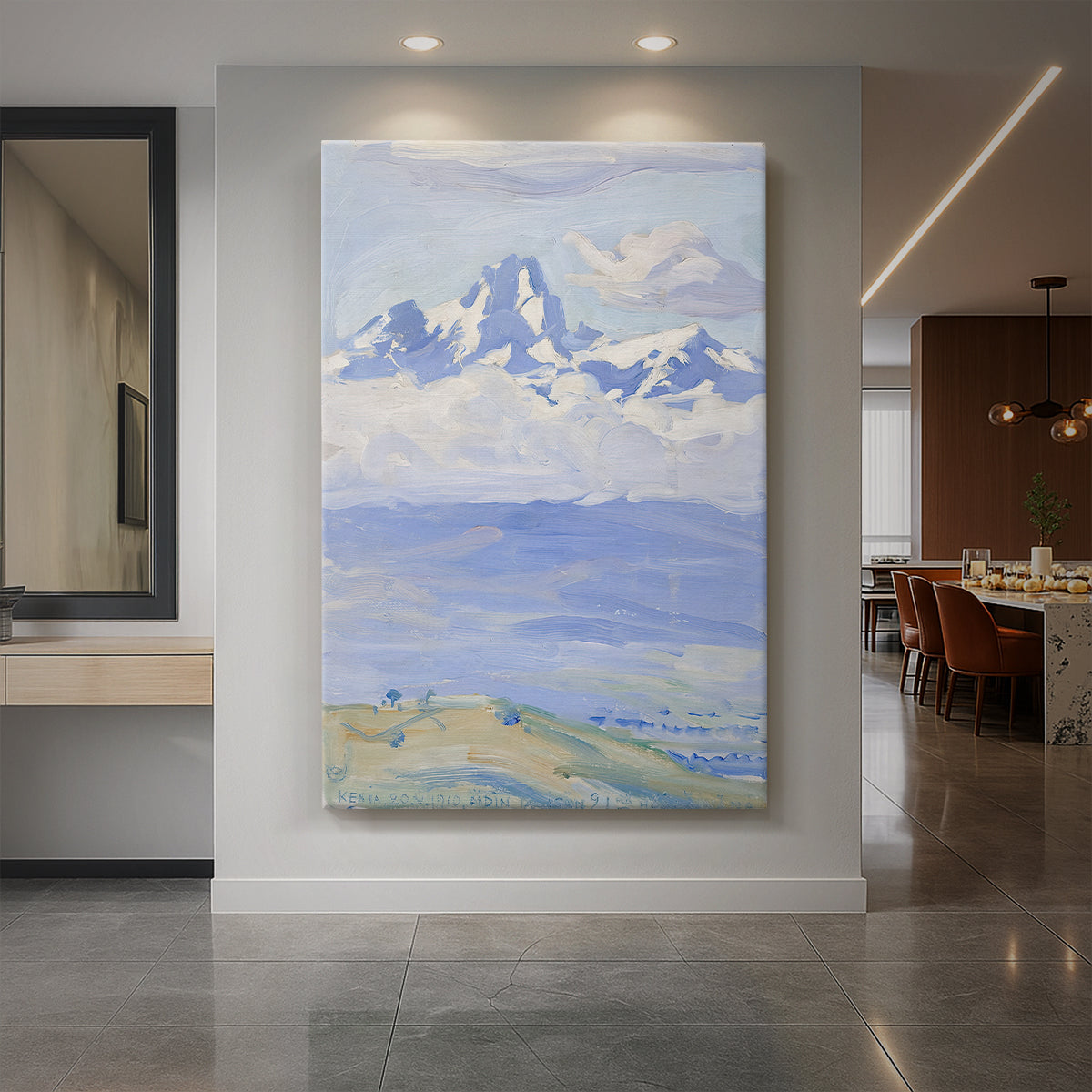 Canvas art print of a tranquil mountain landscape with distant peaks under a soft open sky displayed as a statement piece in a spacious interior.