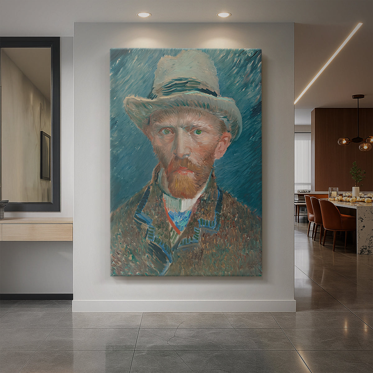 Canvas art print of an expressive self-portrait with cool tones and fine textured brushwork displayed as a statement piece in a spacious interior.