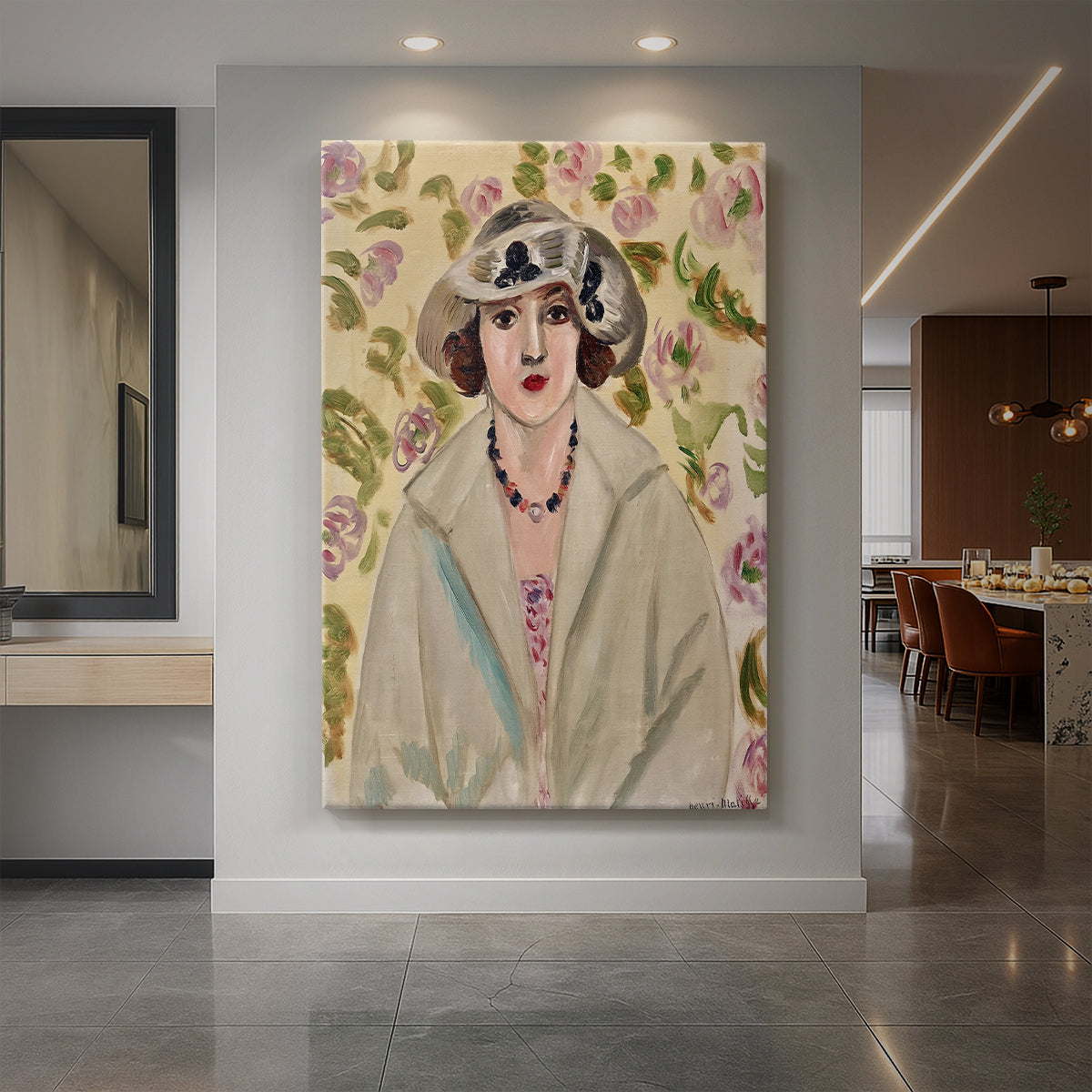 Canvas art print of a fauvist portrait of a woman wearing a white hat with soft features displayed as a statement piece in a spacious interior.