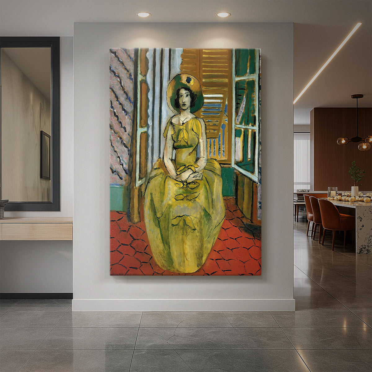 Canvas art print of a fauvist portrait of a woman in a yellow dress with bold interior colors displayed as a statement piece in a spacious interior.