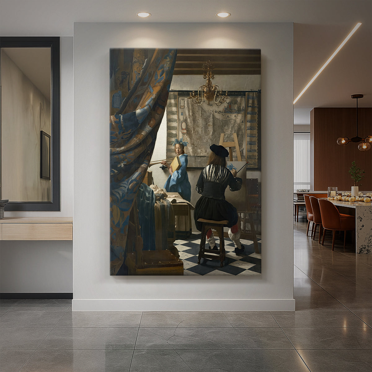 Canvas art print of a Baroque interior of a painter working before a model in soft light displayed as a statement piece in a spacious interior.