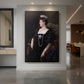 Canvas art print of an impressionist portrait of a woman in formal attire with soft coastal light displayed as a statement piece in a spacious interior.