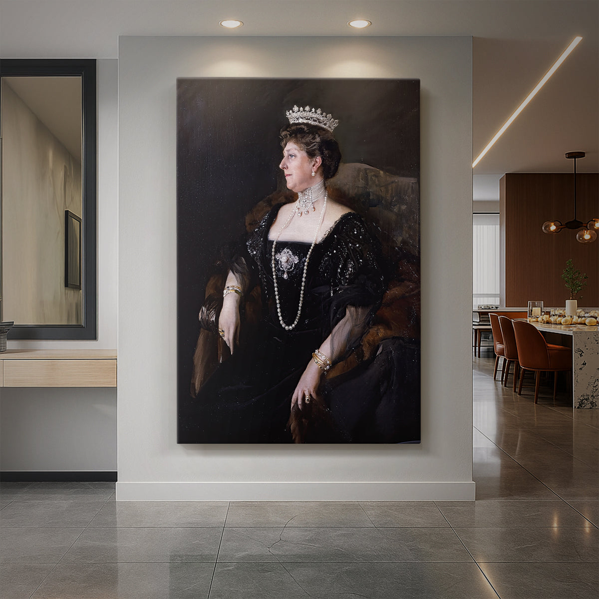 Canvas art print of an impressionist portrait of a woman in formal attire with soft coastal light displayed as a statement piece in a spacious interior.