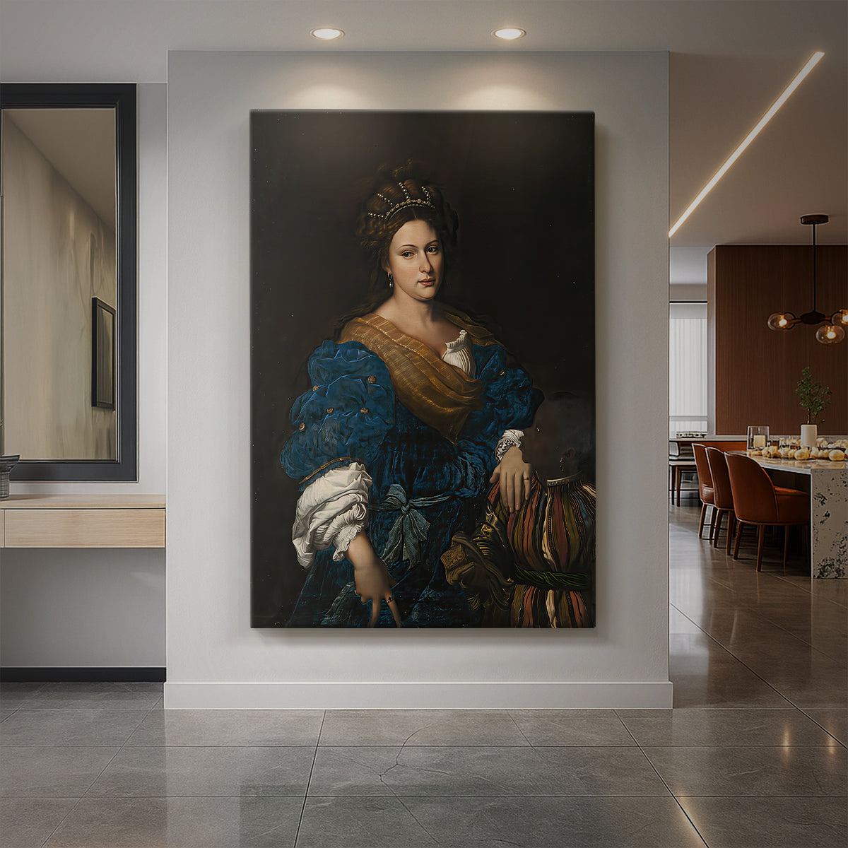 Canvas art print of a Renaissance portrait of a woman with a young attendant in a refined setting displayed as a statement piece in a spacious interior.