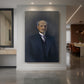Canvas art print of a realistic portrait of a man in formal attire with dark background displayed as a statement piece in a spacious interior.