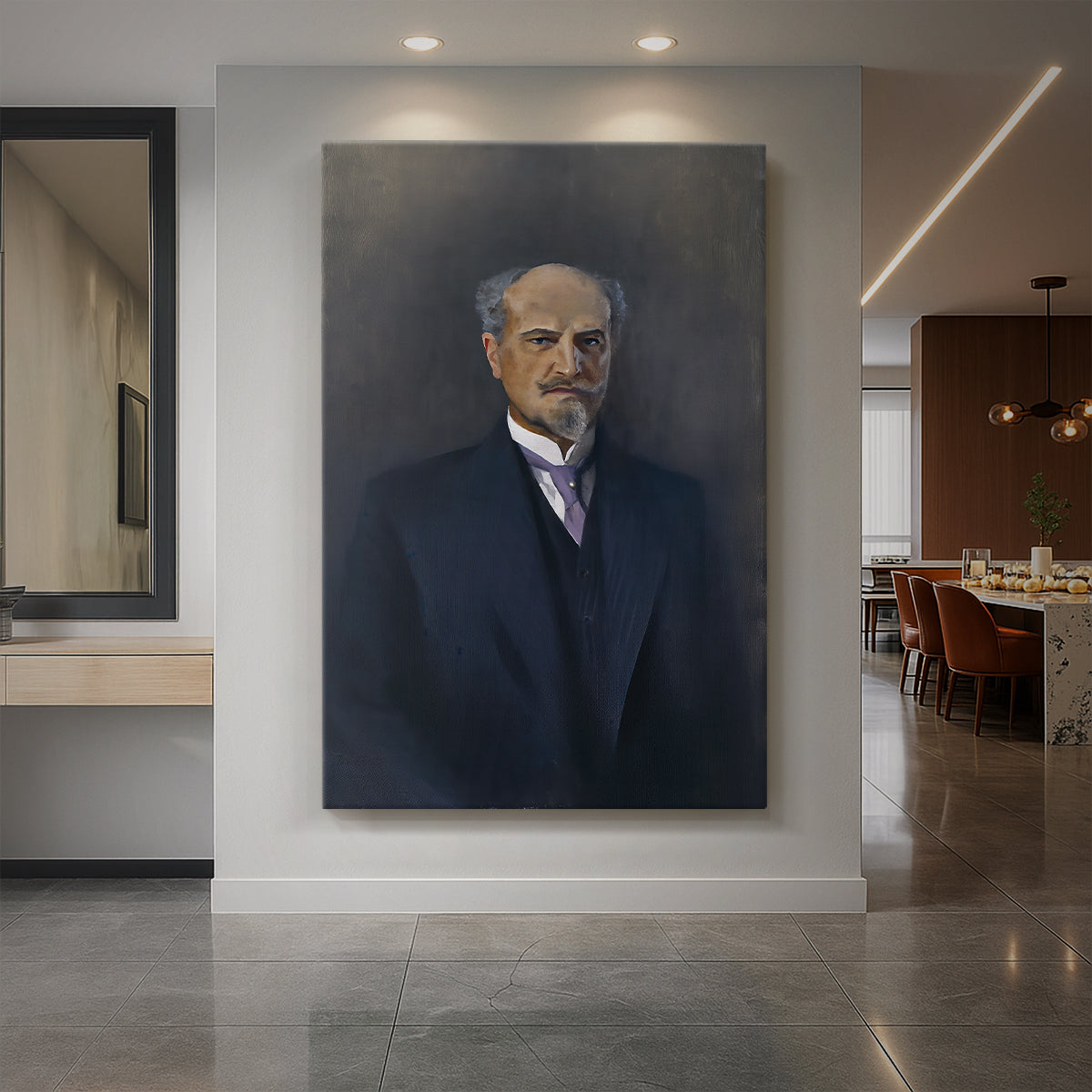 Canvas art print of a realistic portrait of a man in formal attire with dark background displayed as a statement piece in a spacious interior.