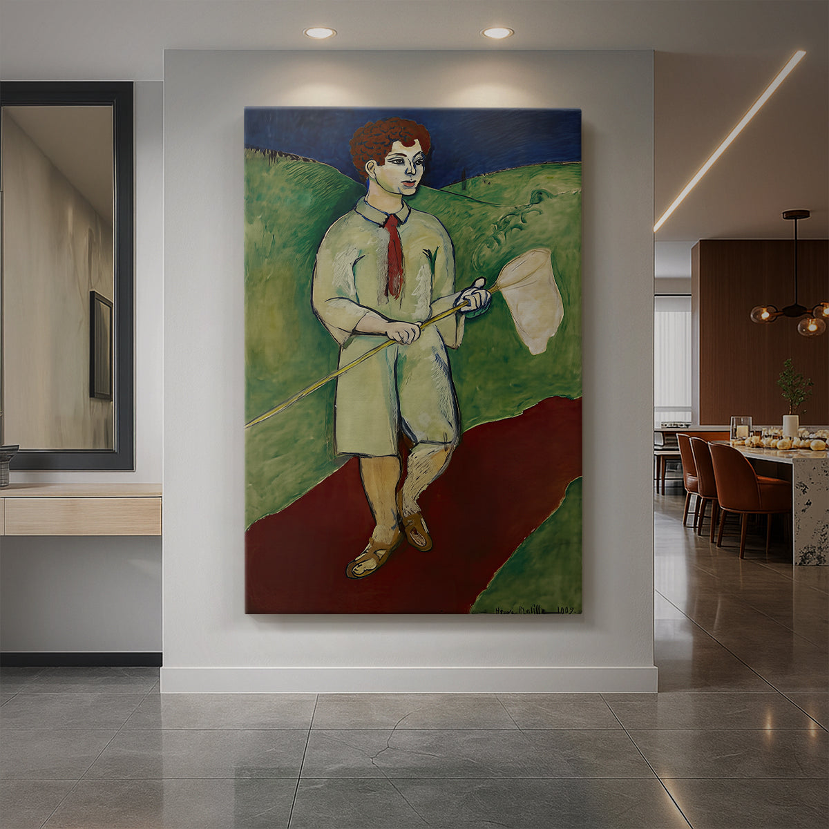 Canvas art print of a fauvist scene of a young boy holding a butterfly net in a bright setting displayed as a statement piece in a spacious interior.