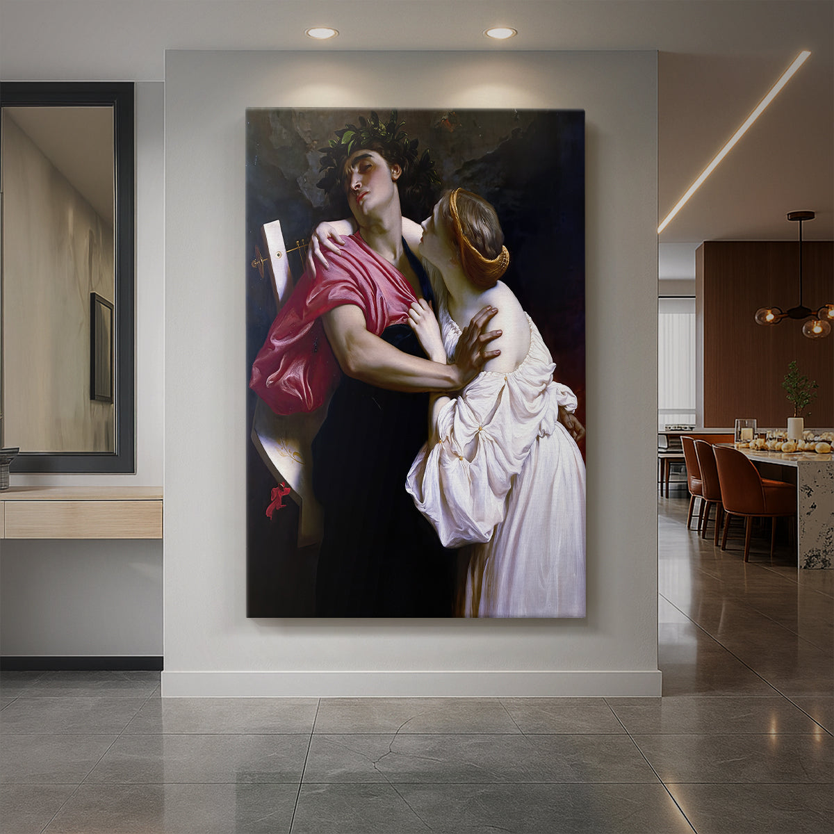 Canvas art print of a classical scene of two figures in a dramatic mythological moment displayed as a statement piece in a spacious interior.