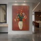 Canvas art print of a symbolic still life of flowers in a decorative vase with soft tones displayed as a statement piece in a spacious interior.