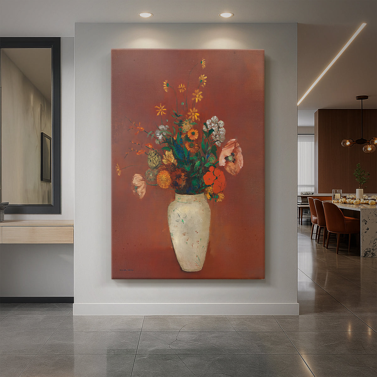 Canvas art print of a symbolic still life of flowers in a decorative vase with soft tones displayed as a statement piece in a spacious interior.