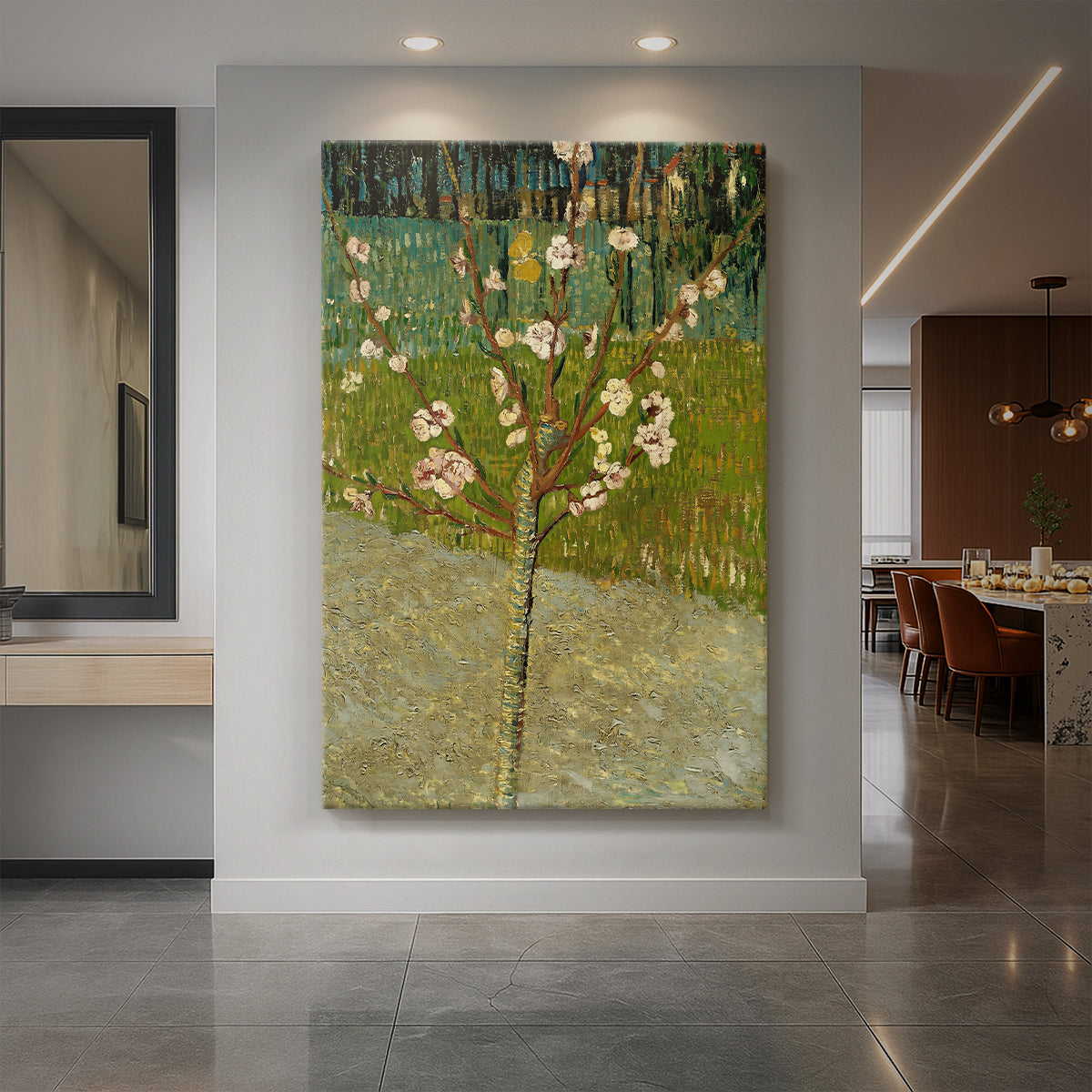 Canvas art print of an expressive scene of blooming branches against a bright blue sky displayed as a statement piece in a spacious interior.