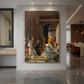Canvas art print of a detailed interior scene of figures gathered around a resting figure in prayer displayed as a statement piece in a spacious interior.
