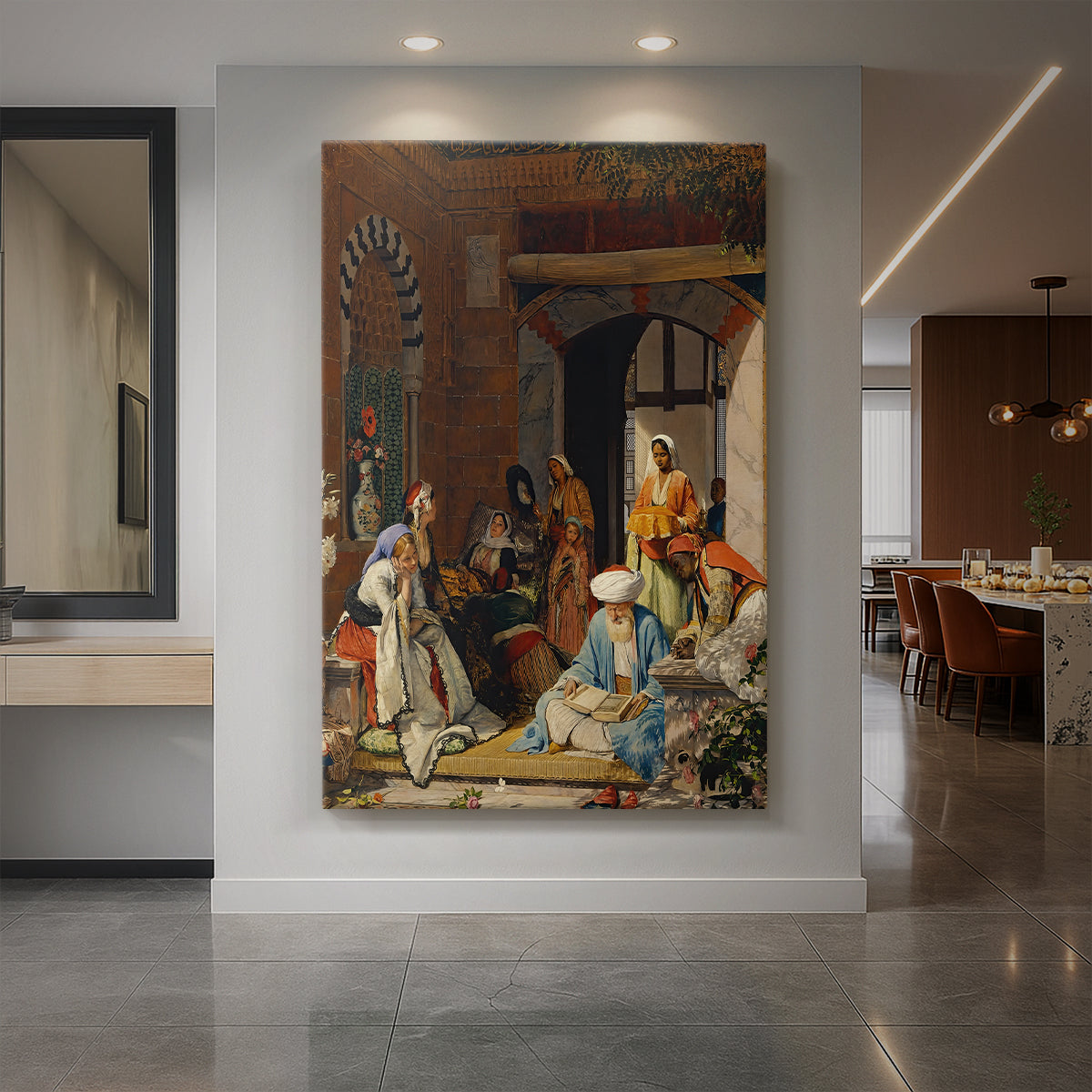 Canvas art print of a detailed interior scene of figures gathered around a resting figure in prayer displayed as a statement piece in a spacious interior.