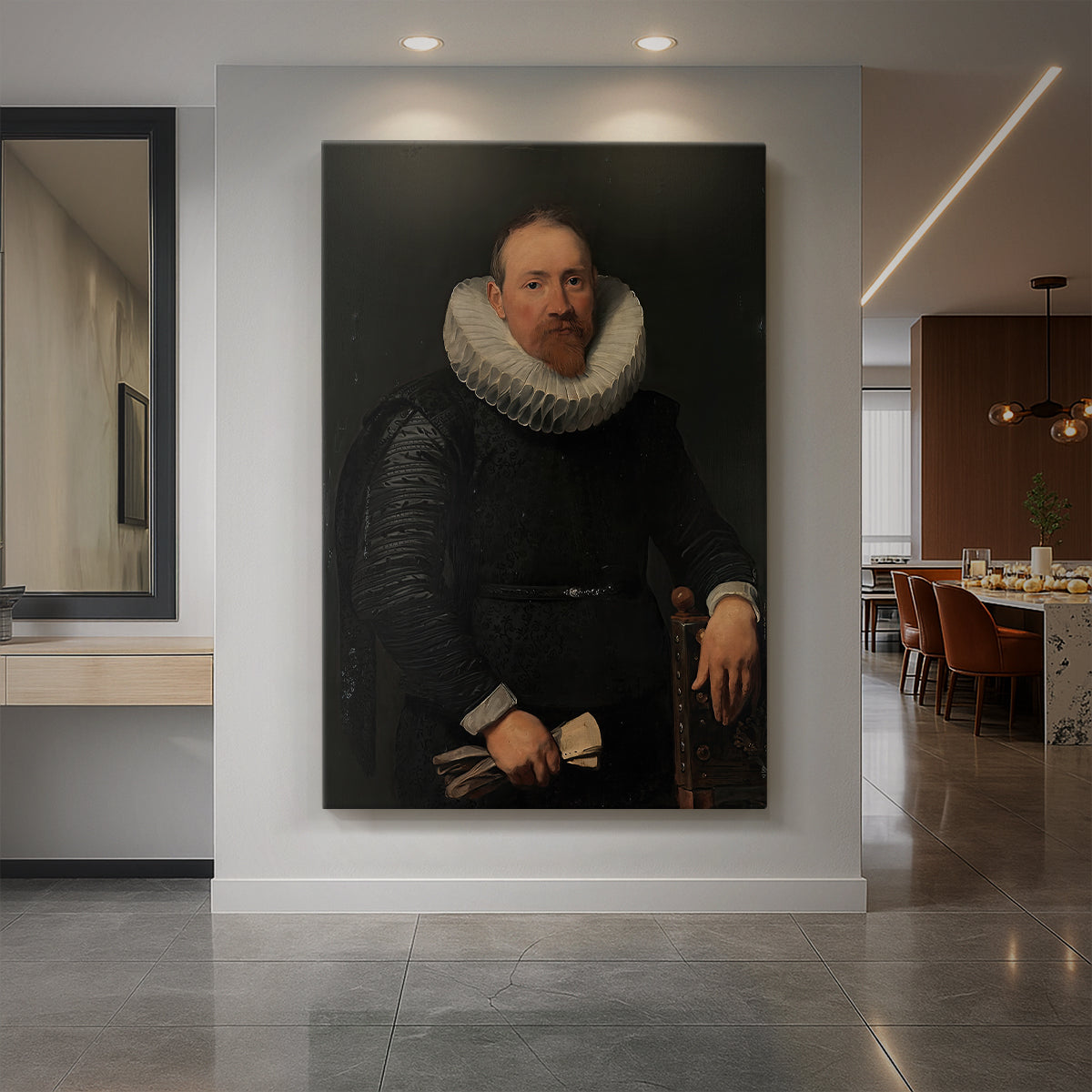 Canvas art print of a Baroque portrait of a man in dark attire with refined posture and soft lighting displayed as a statement piece in a spacious interior.