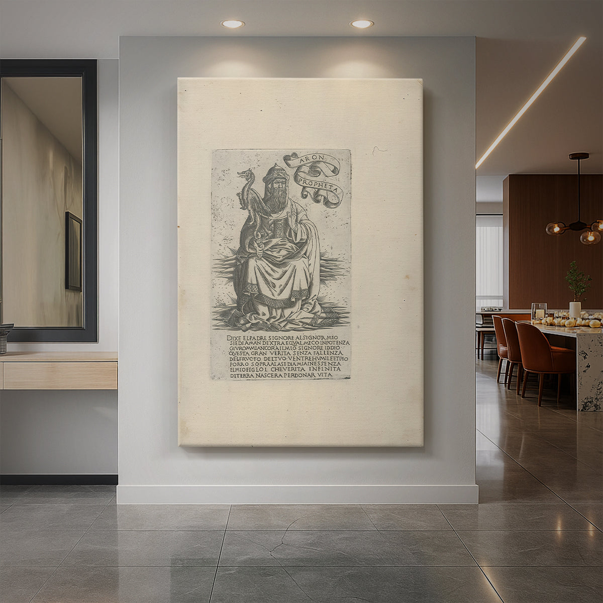 Canvas art print of a monochrome engraving of a standing prophet figure with detailed linework displayed as a statement piece in a spacious interior.