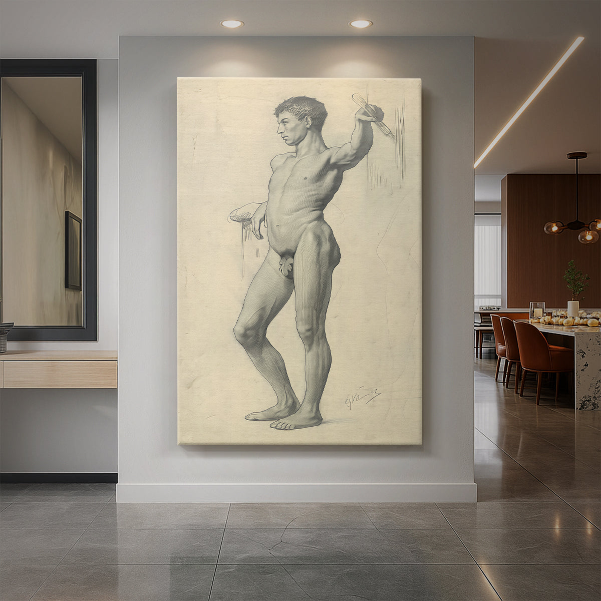 Canvas art print of a figure study of a standing male nude with light, expressive linework displayed as a statement piece in a spacious interior.
