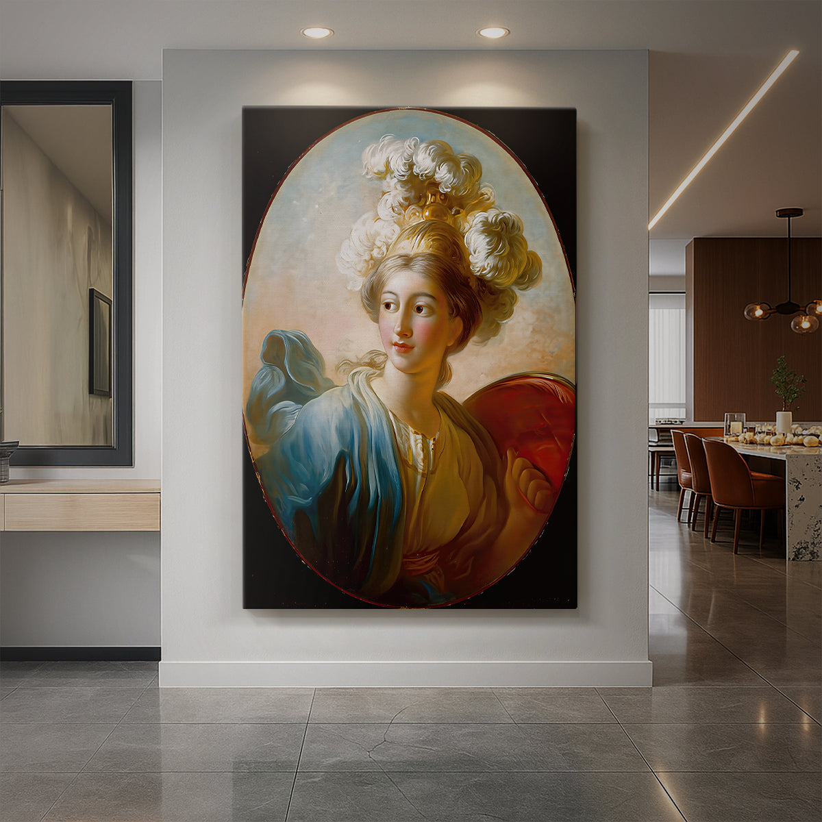 Canvas art print of a Rococo portrait of a classical figure in flowing garments with soft light displayed as a statement piece in a spacious interior.