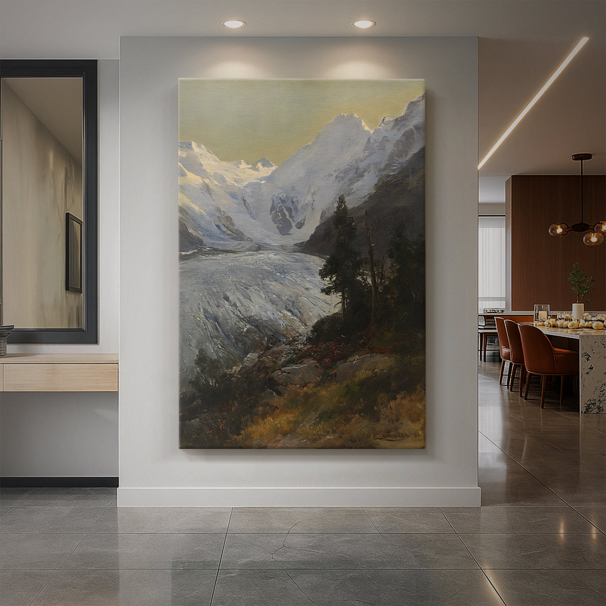 Canvas art print of a realistic mountain landscape with a glacier and distant alpine peaks displayed as a statement piece in a spacious interior.