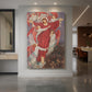 Canvas art print of a symbolic scene of a central figure in red with surrounding figures in distress displayed as a statement piece in a spacious interior.