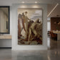 Canvas art print of a classical scene of a solitary figure resting in a desert landscape displayed as a statement piece in a spacious interior.