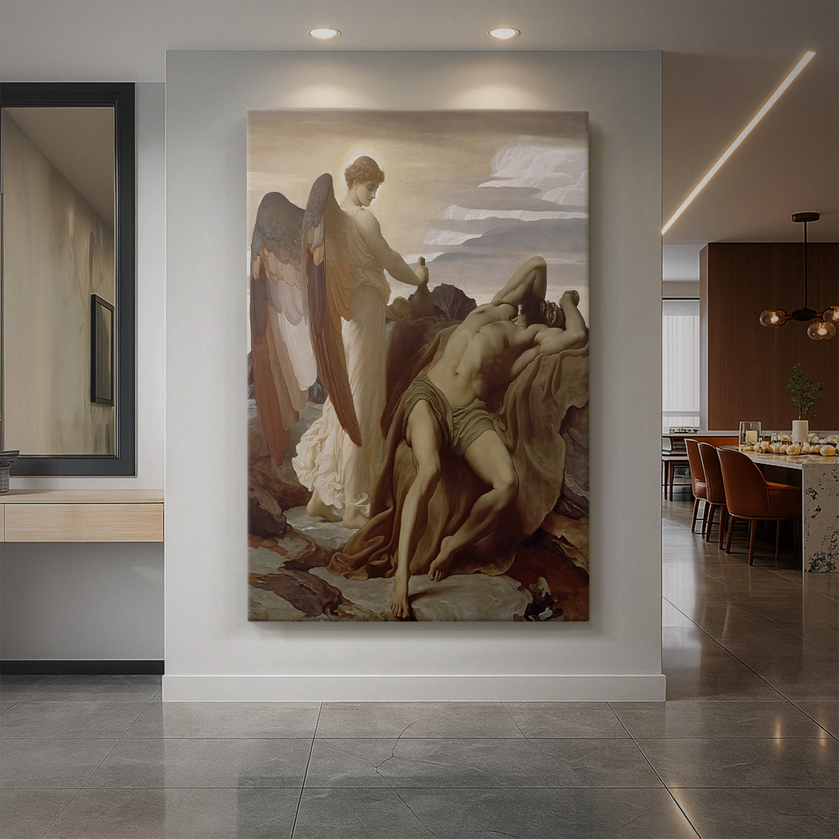 Canvas art print of a classical scene of a solitary figure resting in a desert landscape displayed as a statement piece in a spacious interior.
