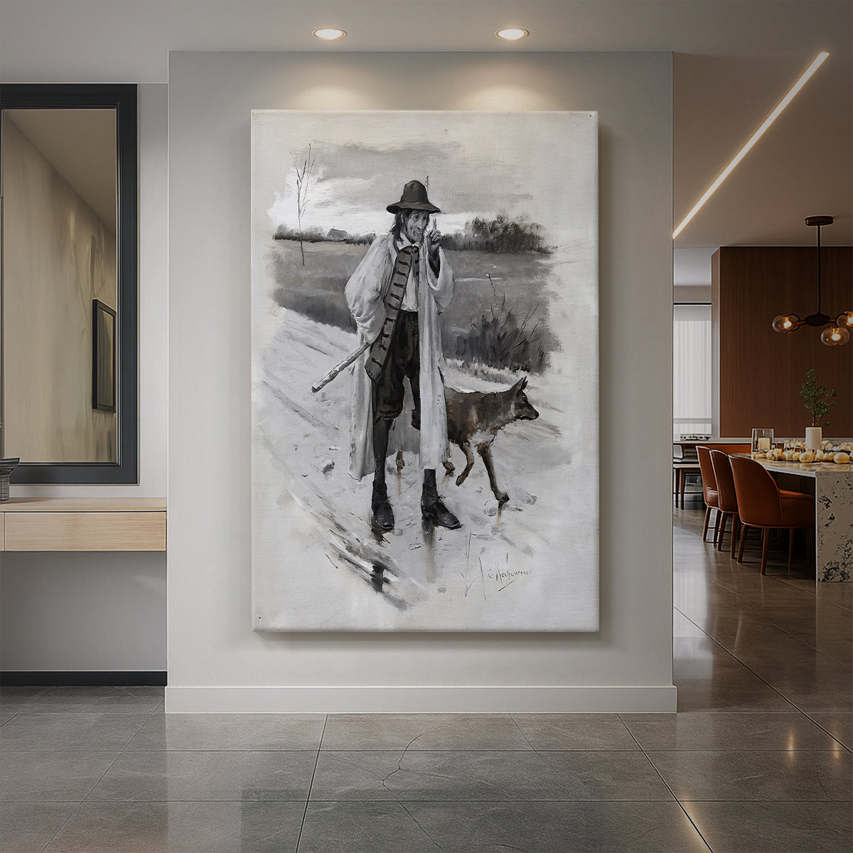 Canvas art print of an Art Nouveau scene of a figure in dramatic costume with expressive pose displayed as a statement piece in a spacious interior.
