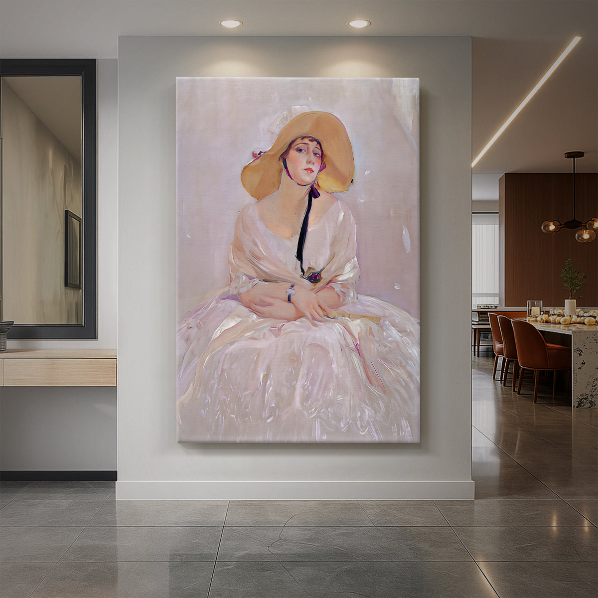 Canvas art print of an impressionist portrait of a woman in a pink dress with soft luminous light displayed as a statement piece in a spacious interior.