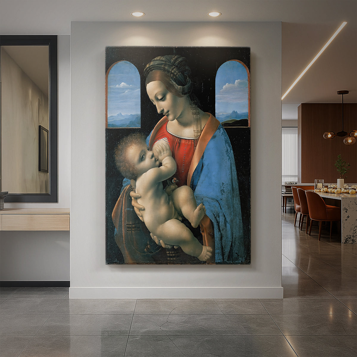 Canvas art print of a Renaissance portrait of the Madonna holding a child in soft light displayed as a statement piece in a spacious interior.