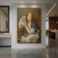 Canvas art print of a gentle portrait of a girl holding doves with soft light and warm tones displayed as a statement piece in a spacious interior.