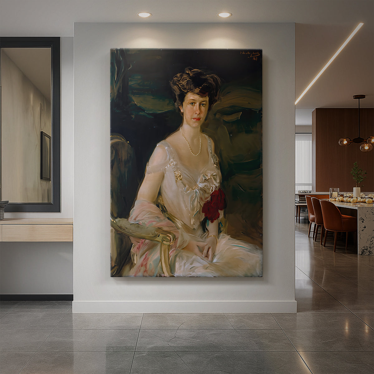 Canvas art print of an impressionist portrait of a seated woman in light dress with soft tones displayed as a statement piece in a spacious interior.