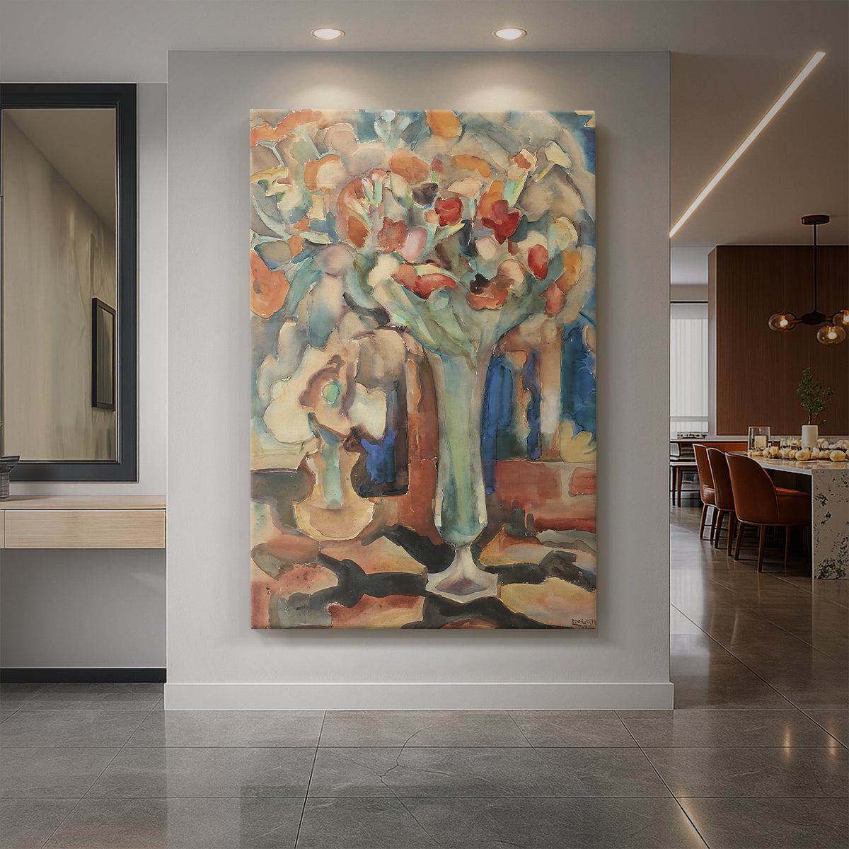 Canvas art print of an expressionist still life of flowers in a glass vase with soft watercolor tones displayed as a statement piece in a spacious interior.