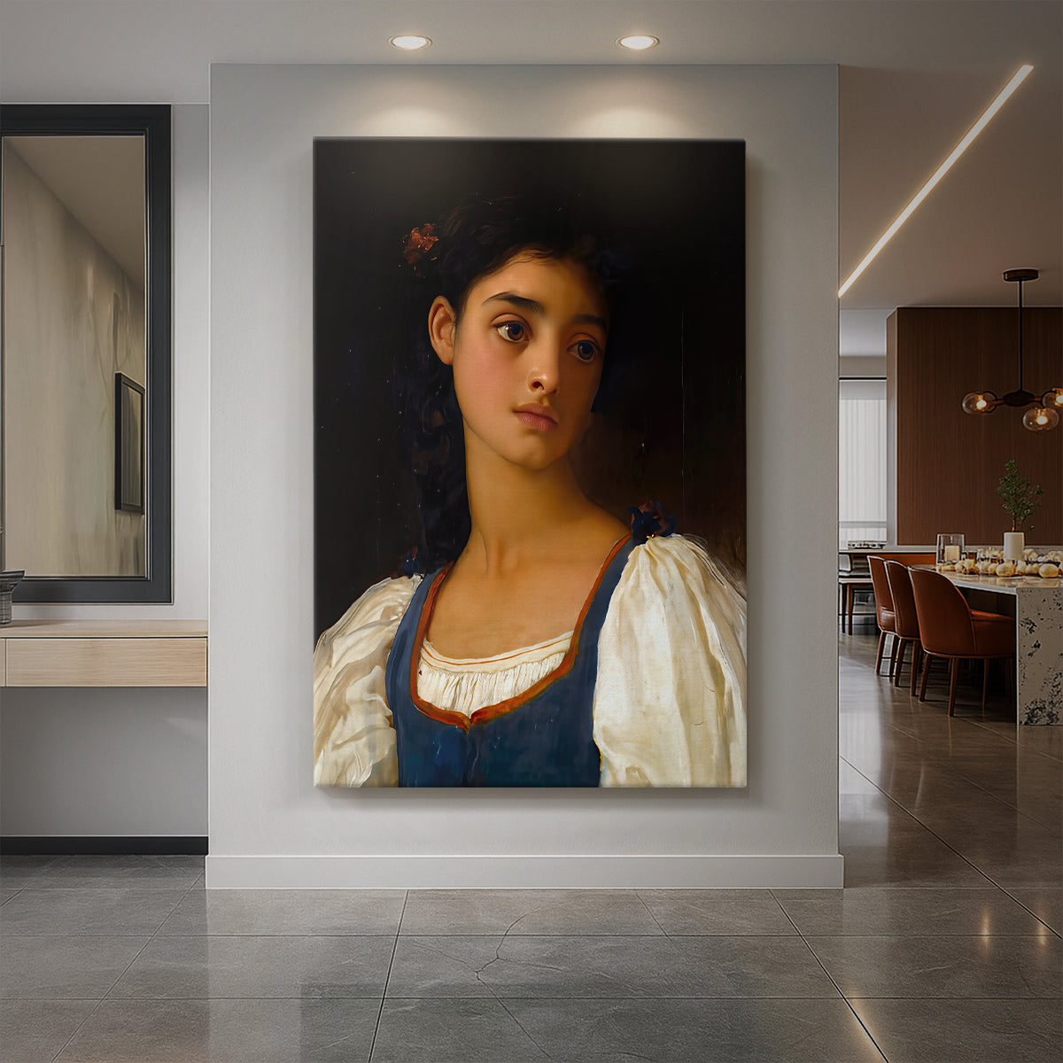 Canvas art print of a classical portrait of a woman with dark hair and serene expression displayed as a statement piece in a spacious interior.