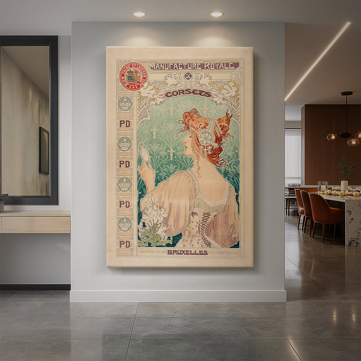 Canvas art print of an Art Nouveau poster of a woman with ornate details and corset advertisement text displayed as a statement piece in a spacious interior.