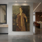 Canvas art print of a Renaissance portrait of a young woman with soft light and calm expression displayed as a statement piece in a spacious interior.