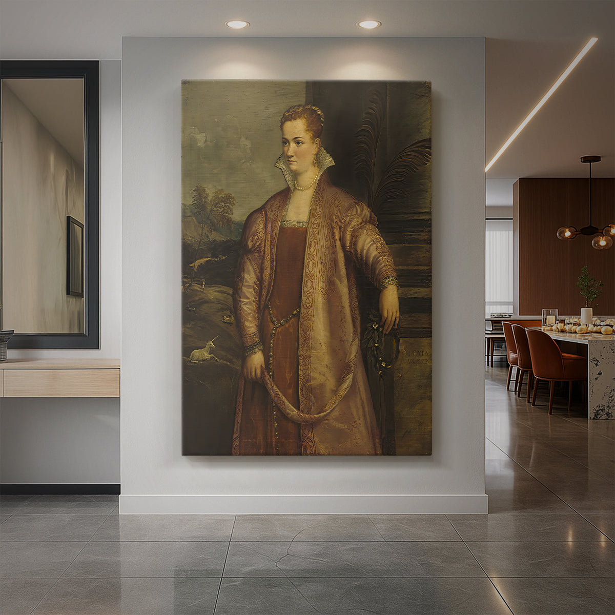 Canvas art print of a Renaissance portrait of a young woman with soft light and calm expression displayed as a statement piece in a spacious interior.