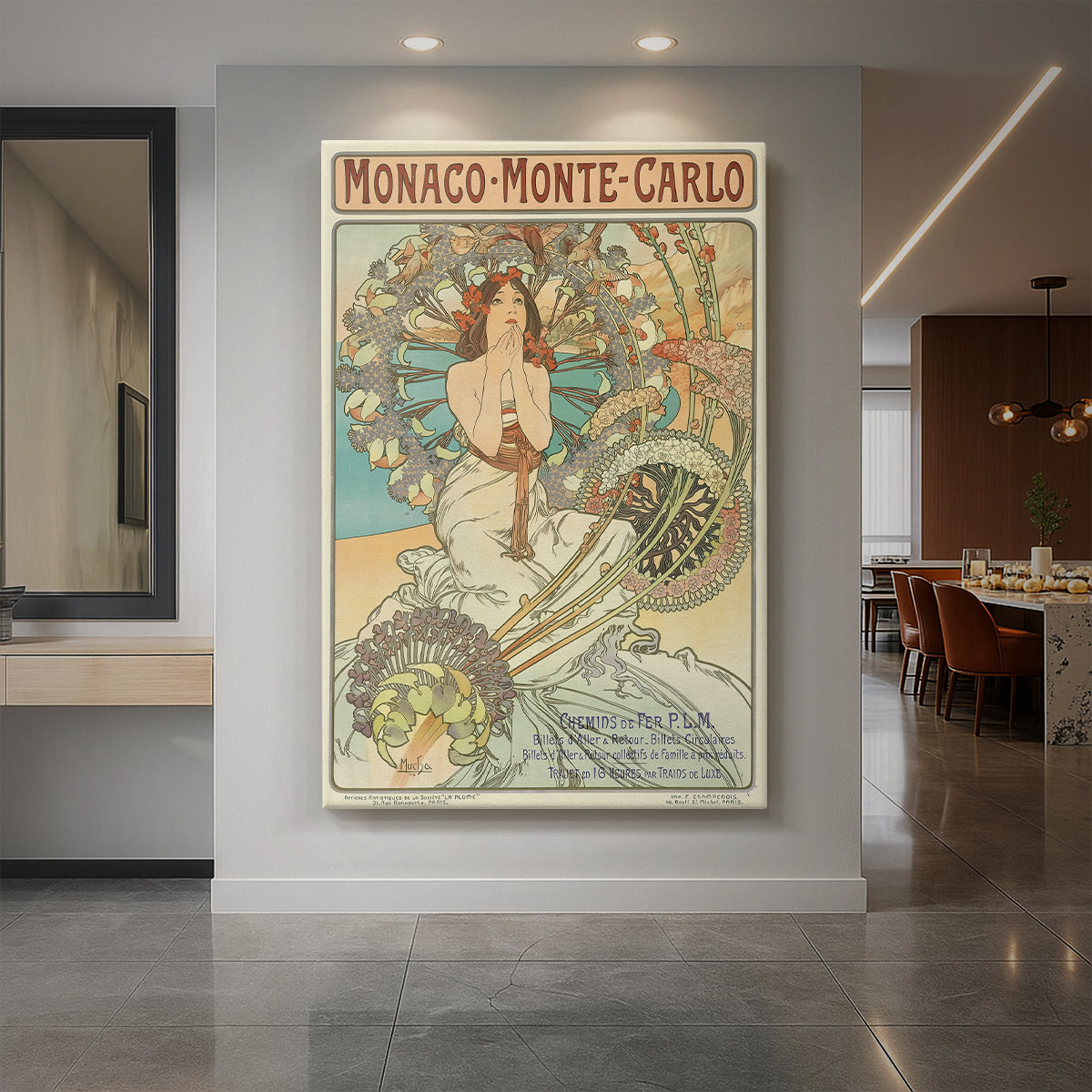 Canvas art print of an Art Nouveau travel poster of a woman with ornate details and decorative typography displayed as a statement piece in a spacious interior.