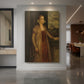 Canvas art print of a Renaissance portrait of a young woman with soft tones and simple background displayed as a statement piece in a spacious interior.