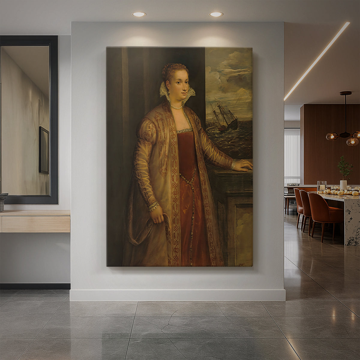 Canvas art print of a Renaissance portrait of a young woman with soft tones and simple background displayed as a statement piece in a spacious interior.