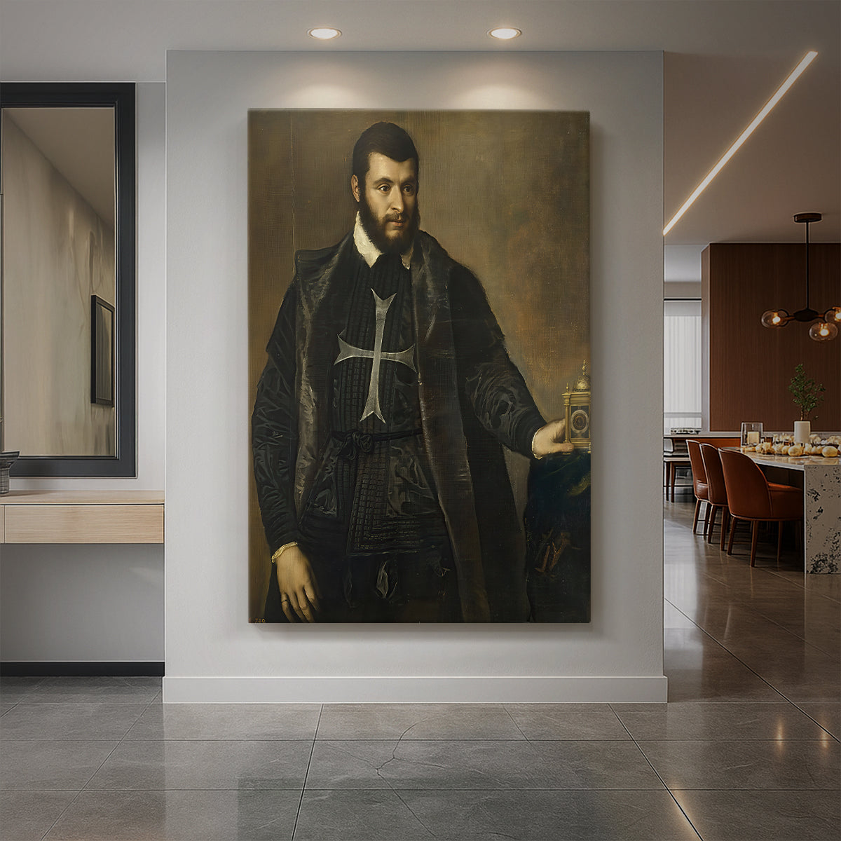 Canvas art print of a Renaissance portrait of a man holding a clock with rich tones and detail displayed as a statement piece in a spacious interior.