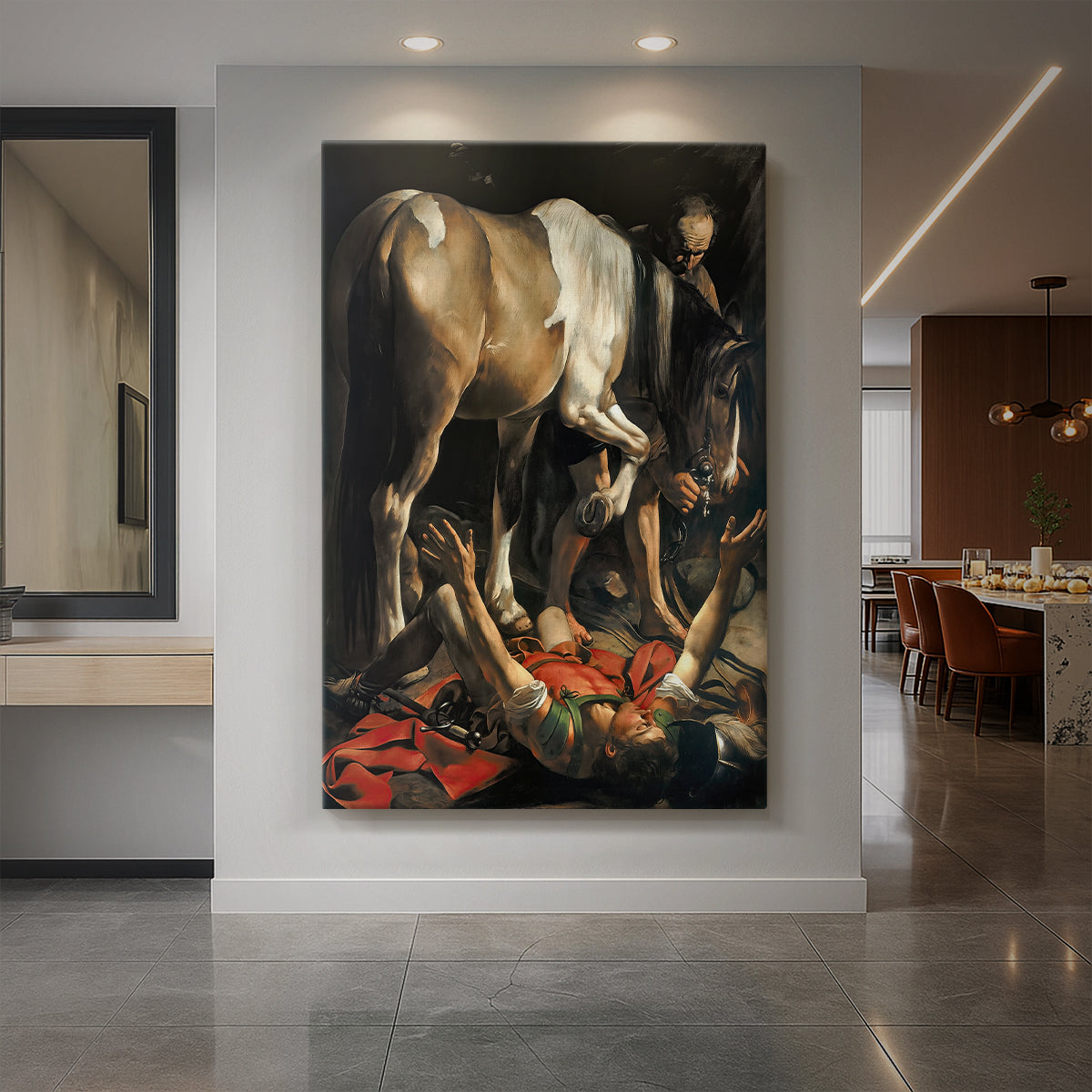 Canvas art print of a Baroque scene of Saint Paul fallen from a horse in dramatic light displayed as a statement piece in a spacious interior.