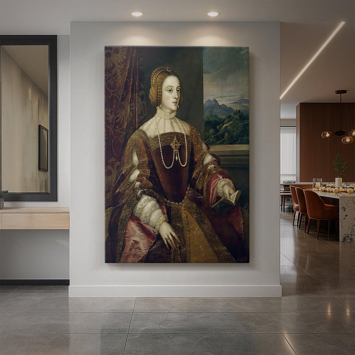 Canvas art print of a Renaissance portrait of a seated woman in ornate dress with soft light displayed as a statement piece in a spacious interior.