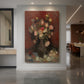 Canvas art print of an expressive still life of flowers in a vase with bold color and texture displayed as a statement piece in a spacious interior.