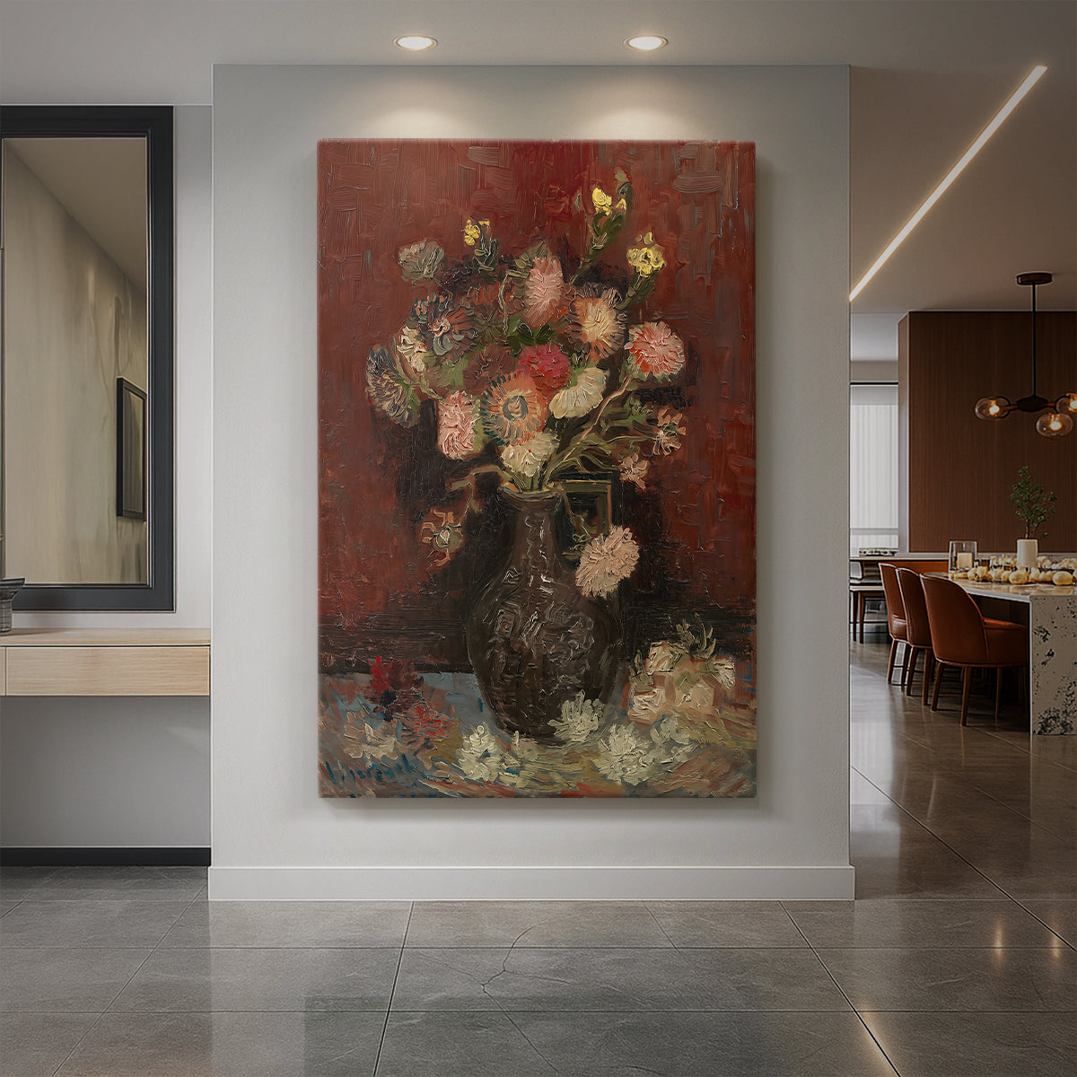 Canvas art print of an expressive still life of flowers in a vase with bold color and texture displayed as a statement piece in a spacious interior.