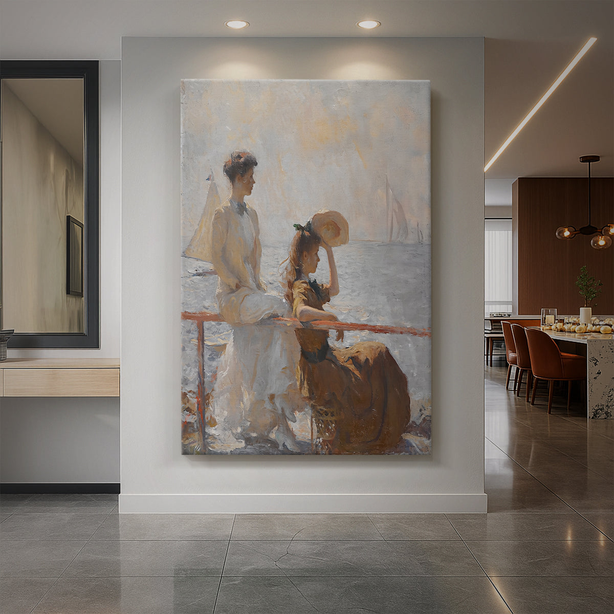 Canvas art print of an impressionist coastal scene of figures by the water in bright light displayed as a statement piece in a spacious interior.