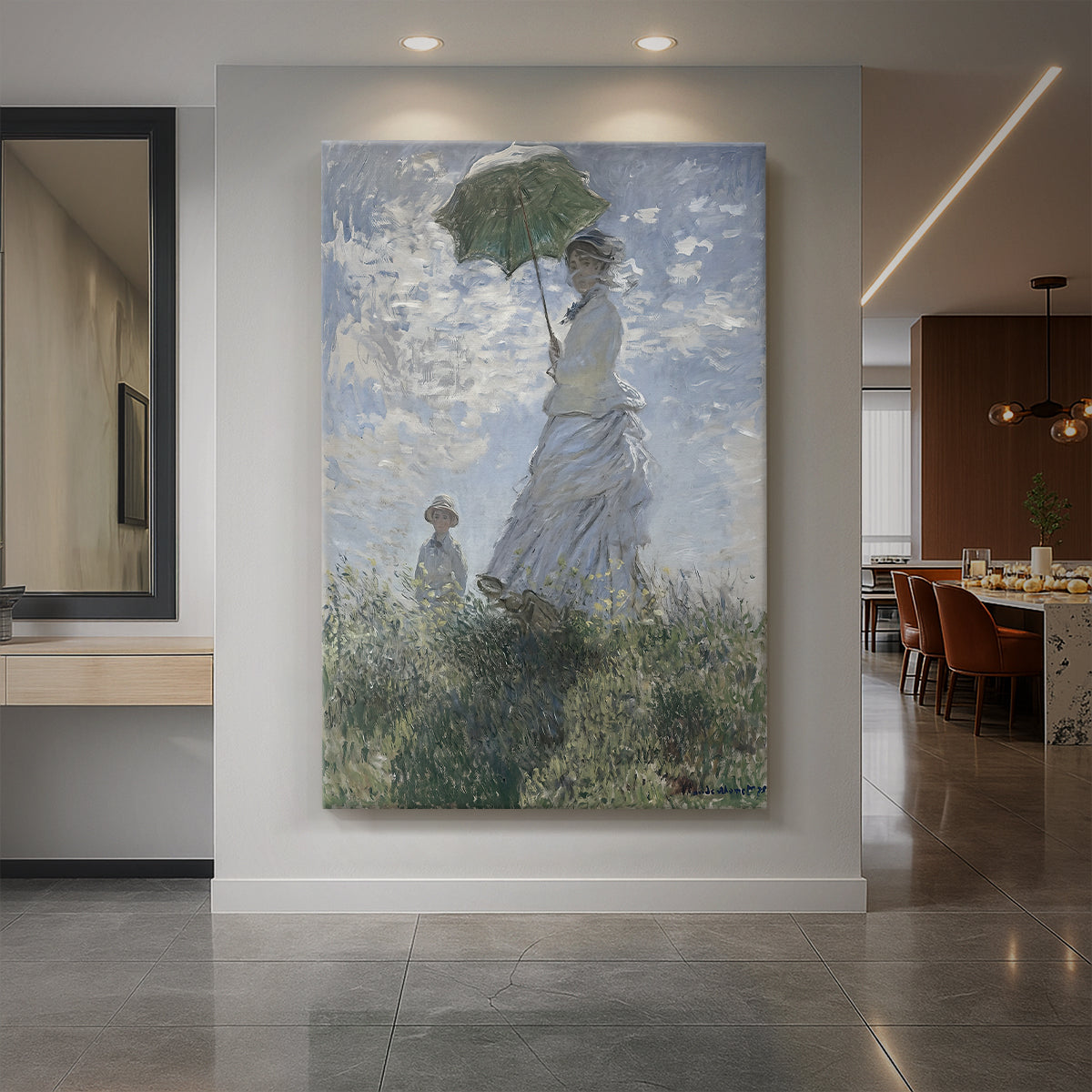 Canvas art print of an impressionist scene of a woman with a parasol standing in a breezy field displayed as a statement piece in a spacious interior.